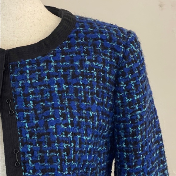 J.Crew Blue Tweed Jacket Blazer Black Trim Wool Blend Small - Picture 2 of 6